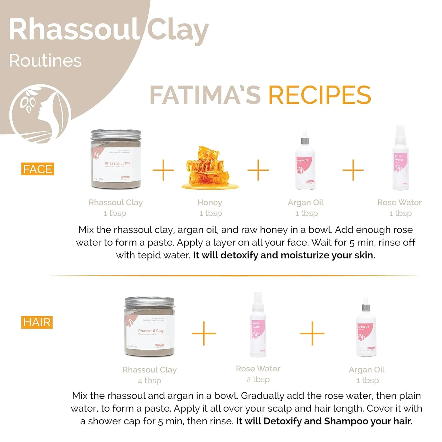 Fatima's Garden Rhassoul with Rose Petals - Soothing Face & Hair Mask, 425g