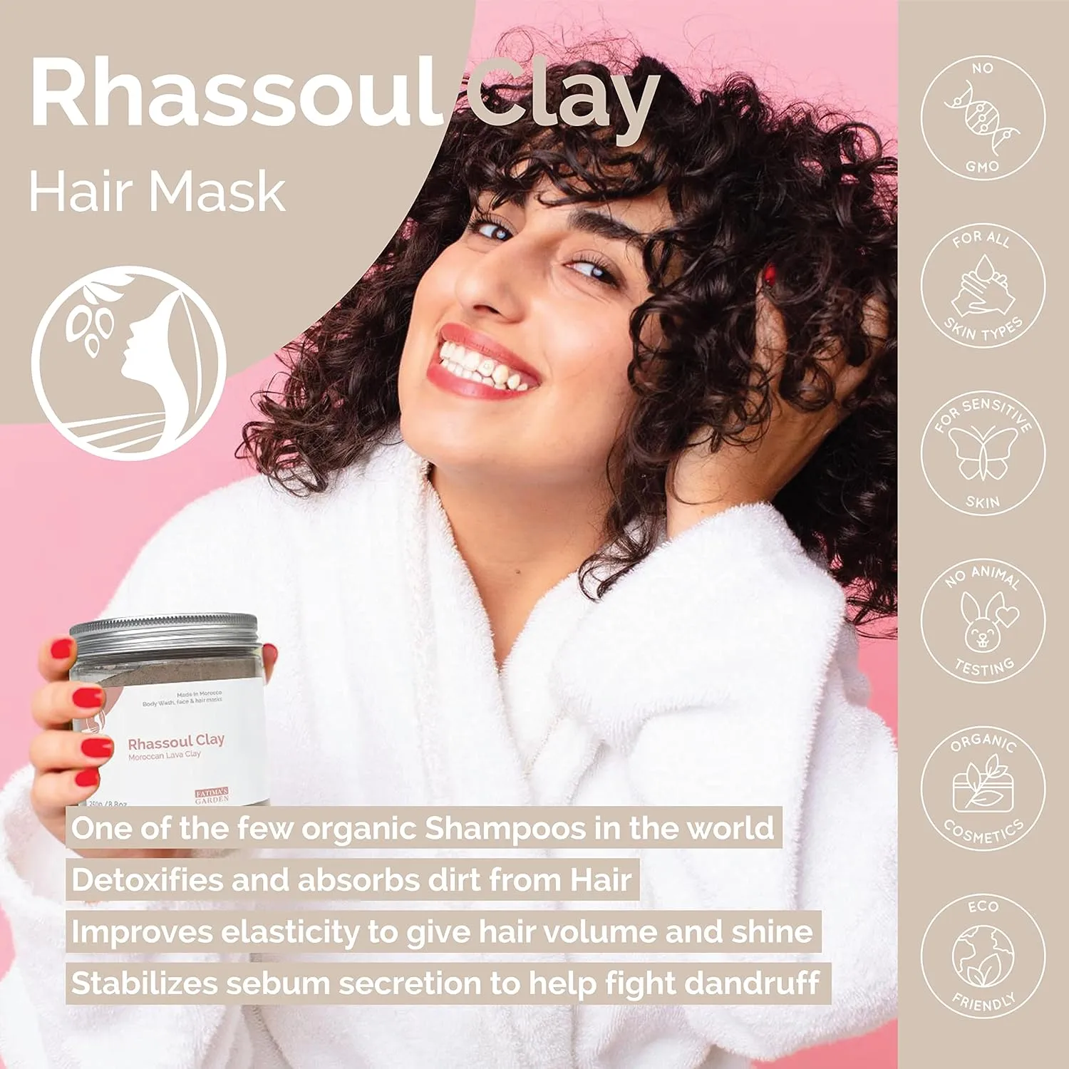 Fatima's Garden Rhassoul with Rose Petals - Soothing Face & Hair Mask, 425g