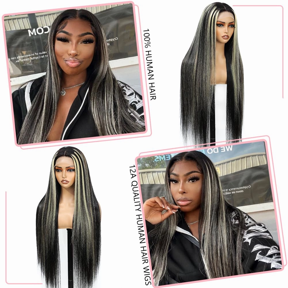 FB/613 Balayage Highlight Ombre Lace Front Wig Human Hair 180 Density Straight 13x4 HD Transparent Lace Front Wigs Human Hair Pre Plucked 26 Inch Ash Blonde Wig for Women With Baby Hair