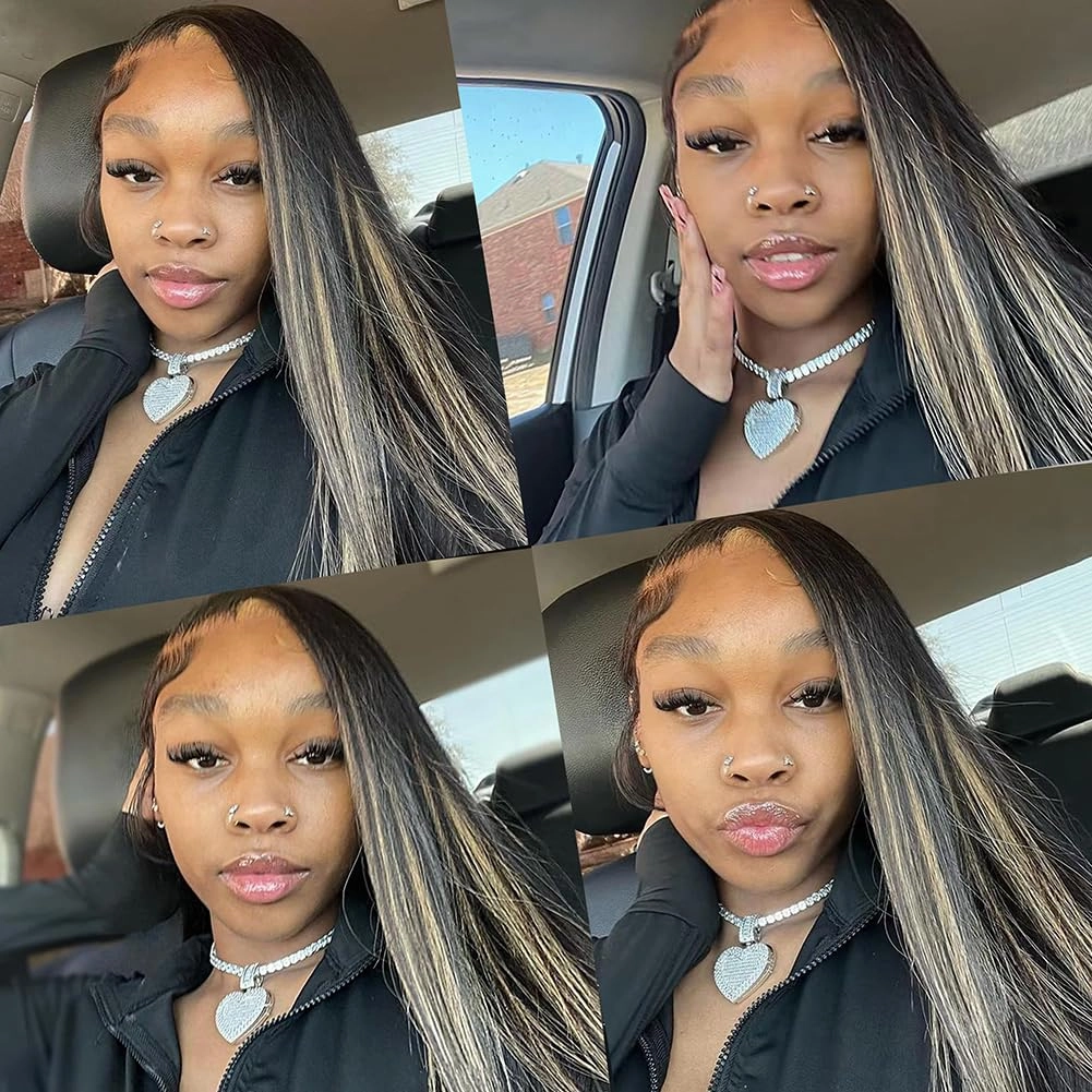 FB/613 Balayage Highlight Ombre Lace Front Wig Human Hair 180 Density Straight 13x4 HD Transparent Lace Front Wigs Human Hair Pre Plucked 26 Inch Ash Blonde Wig for Women With Baby Hair