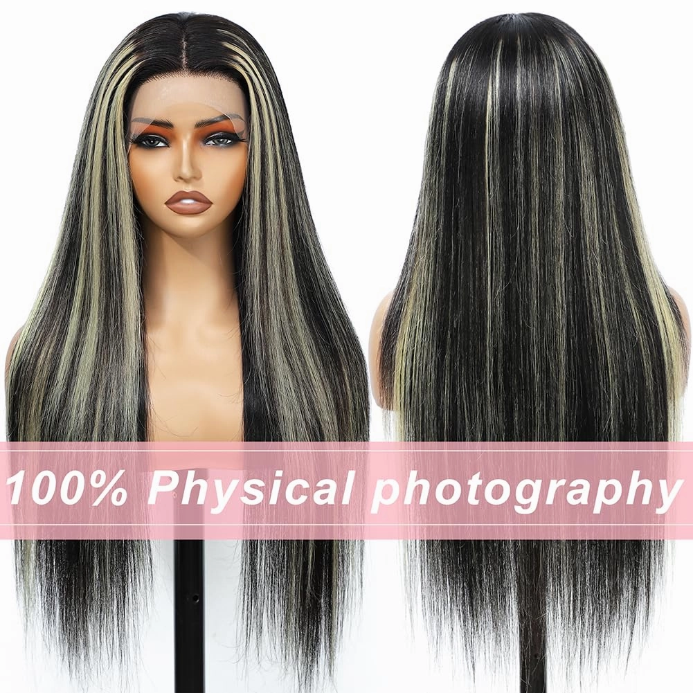 FB/613 Balayage Highlight Ombre Lace Front Wig Human Hair 180 Density Straight 13x4 HD Transparent Lace Front Wigs Human Hair Pre Plucked 26 Inch Ash Blonde Wig for Women With Baby Hair