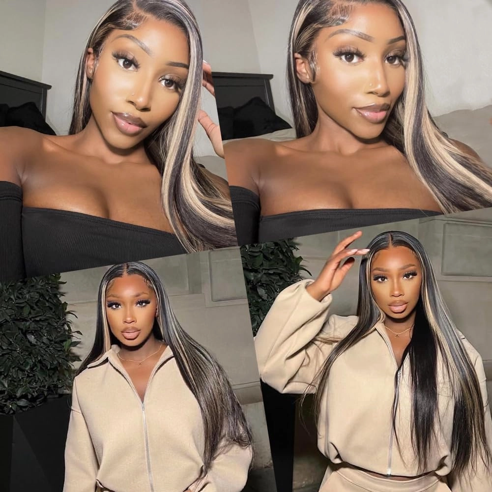 FB/613 Balayage Highlight Ombre Lace Front Wig Human Hair 180 Density Straight 13x4 HD Transparent Lace Front Wigs Human Hair Pre Plucked 26 Inch Ash Blonde Wig for Women With Baby Hair