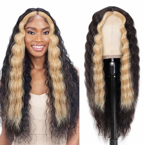 FEEL ME 28inch Curly Synthetic Wig For Black Women Brown Blonde Highlight Skunk Stripe Wig Synthetic Deep Wave Wigs 4" Simulated Scalp Crimps Curls Long Wavy Lace Front Wigs