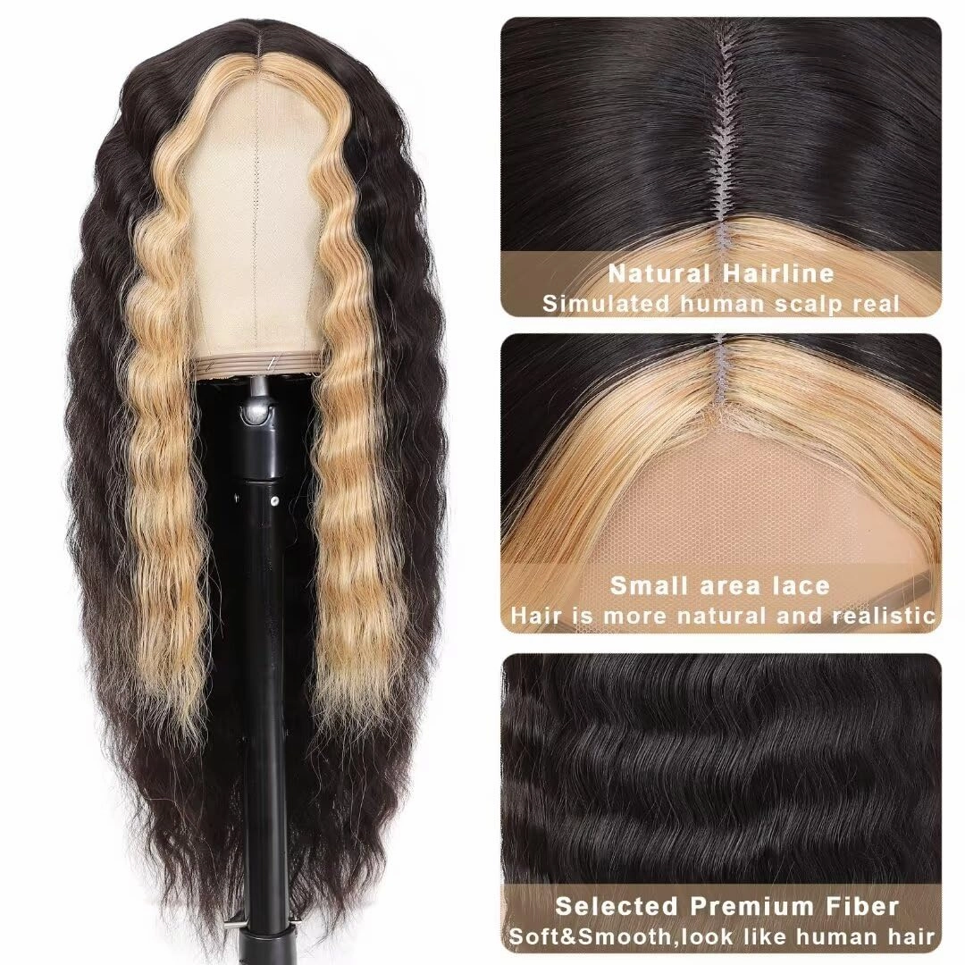 FEEL ME 28inch Curly Synthetic Wig For Black Women Brown Blonde Highlight Skunk Stripe Wig Synthetic Deep Wave Wigs 4" Simulated Scalp Crimps Curls Long Wavy Lace Front Wigs