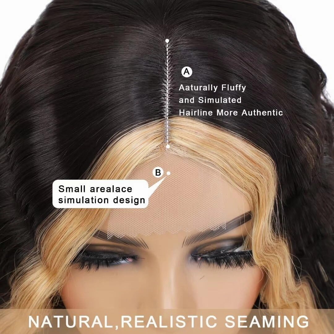 FEEL ME 28inch Curly Synthetic Wig For Black Women Brown Blonde Highlight Skunk Stripe Wig Synthetic Deep Wave Wigs 4" Simulated Scalp Crimps Curls Long Wavy Lace Front Wigs