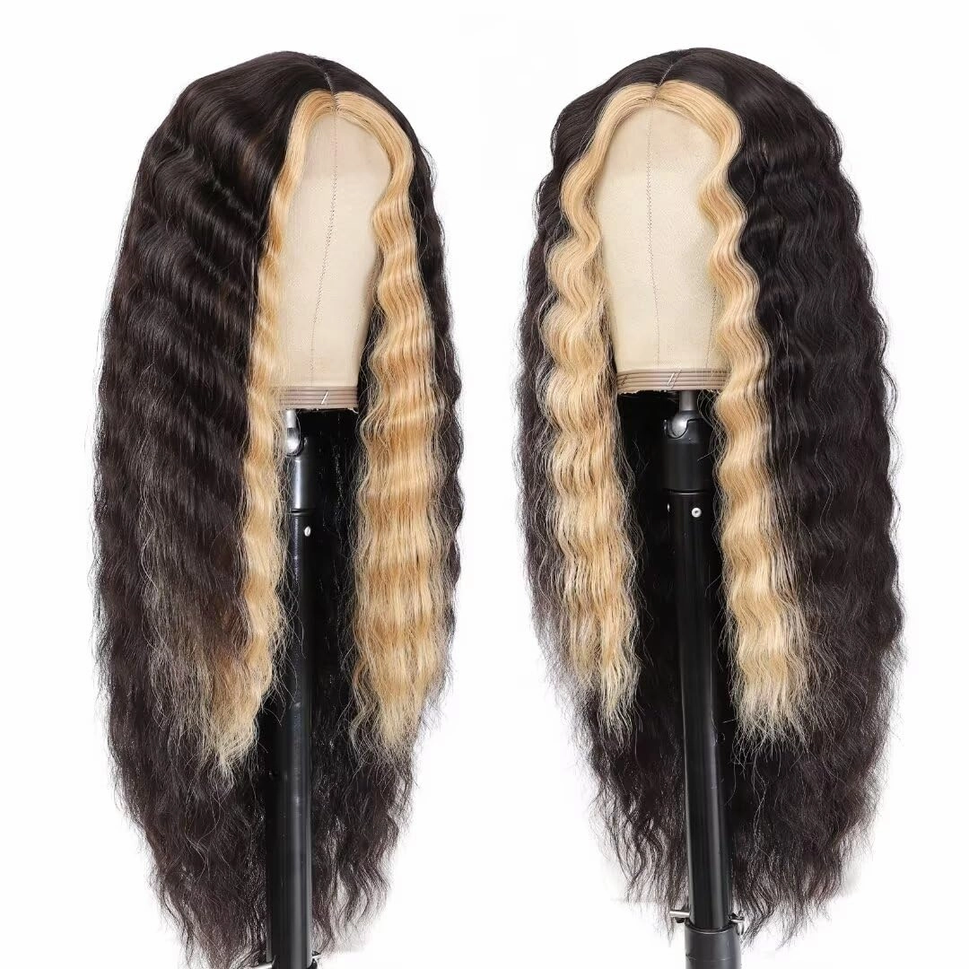 FEEL ME 28inch Curly Synthetic Wig For Black Women Brown Blonde Highlight Skunk Stripe Wig Synthetic Deep Wave Wigs 4" Simulated Scalp Crimps Curls Long Wavy Lace Front Wigs