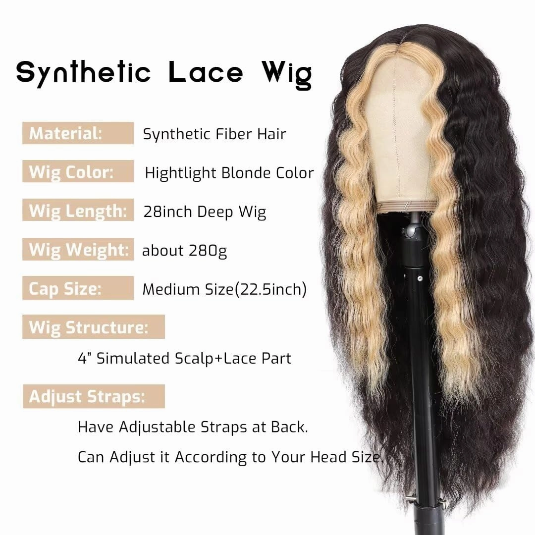 FEEL ME 28inch Curly Synthetic Wig For Black Women Brown Blonde Highlight Skunk Stripe Wig Synthetic Deep Wave Wigs 4" Simulated Scalp Crimps Curls Long Wavy Lace Front Wigs