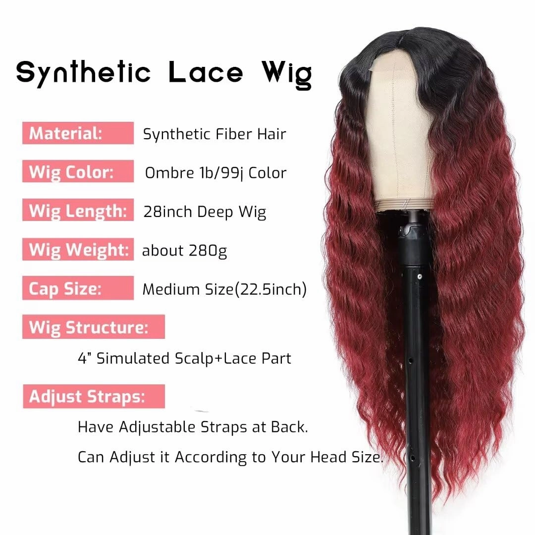 FEEL ME Ombre Burgundy Synthetic Curly Wig 28inch Long Deep Wave Lace Front Wigs for Women 4" Fake Scalp Middle Part Lace Wigs Natural Crimps Curls 1b/99j Ombre Curly Lace Front Wig For Daily Use