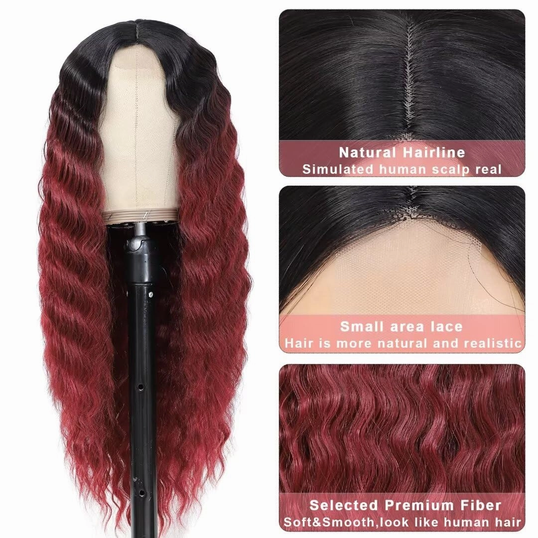 FEEL ME Ombre Burgundy Synthetic Curly Wig 28inch Long Deep Wave Lace Front Wigs for Women 4" Fake Scalp Middle Part Lace Wigs Natural Crimps Curls 1b/99j Ombre Curly Lace Front Wig For Daily Use