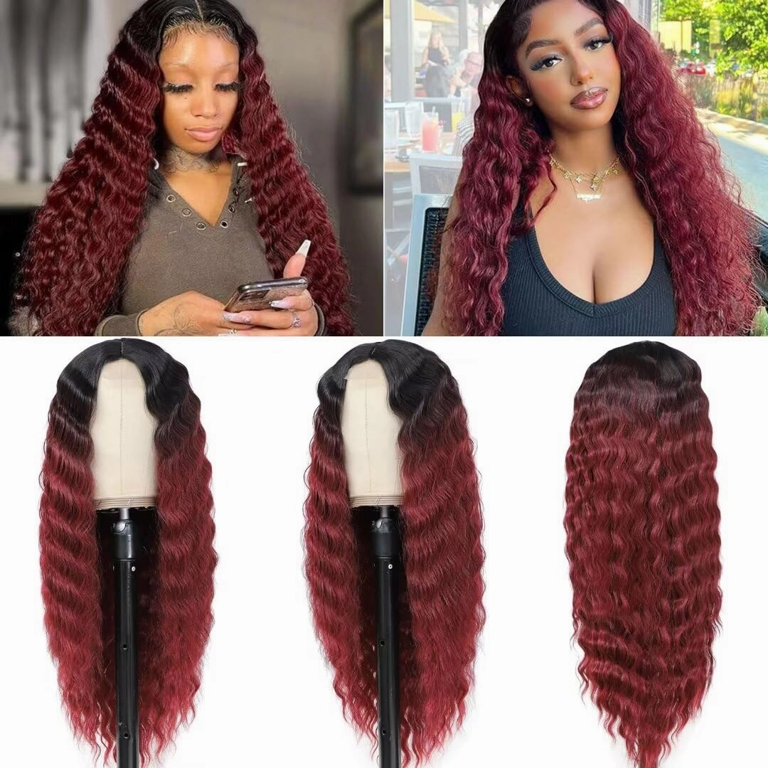 FEEL ME Ombre Burgundy Synthetic Curly Wig 28inch Long Deep Wave Lace Front Wigs for Women 4" Fake Scalp Middle Part Lace Wigs Natural Crimps Curls 1b/99j Ombre Curly Lace Front Wig For Daily Use