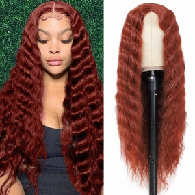 FEEL ME Synthetic Curly Wigs For Women 28inch Deep Wave Wig 4" Fake Scalp Deep Curly Lace Front Wigs Middle Part Natural Crimps Curls Copper #350 Curly Synthetic Wig