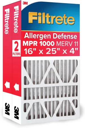 Filtrete 16x25x4, AC Furnace Air Filter, MPR 1000 DP, Micro Allergen Defense Deep Pleat, 2-Pack (actual dimensions 15.88 x 24.56 x 4.31)