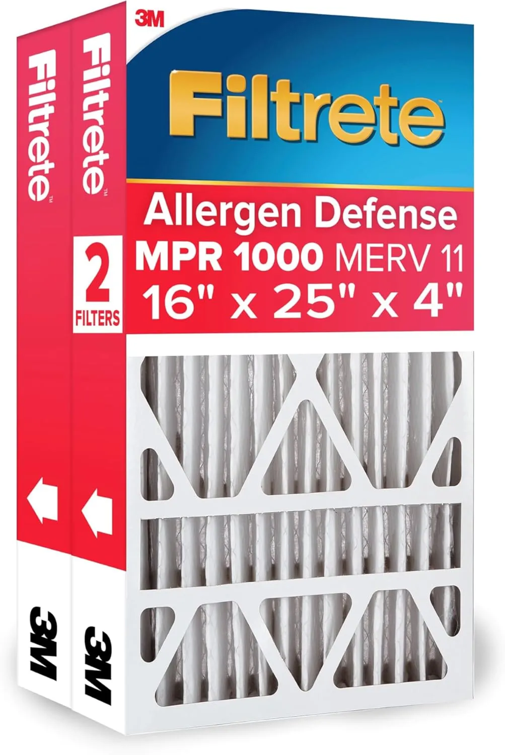 Filtrete 16x25x4, AC Furnace Air Filter, MPR 1000 DP, Micro Allergen Defense Deep Pleat, 2-Pack (actual dimensions 15.88 x 24.56 x 4.31)