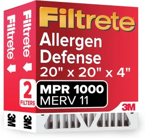 Filtrete 20x20x4 Air Filter, MPR 1000, MERV 11, Allergen Defense 12-Month Deep Pleated 4-Inch Air Filters, 2 Filters