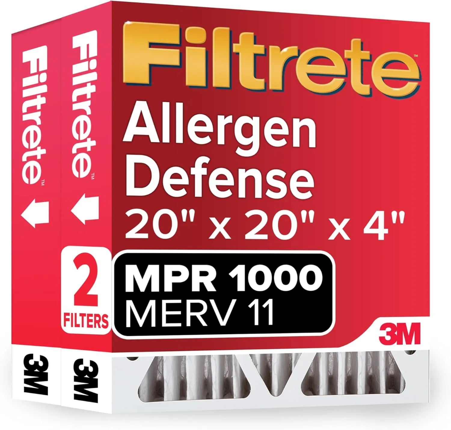 Filtrete 20x20x4 Air Filter, MPR 1000, MERV 11, Allergen Defense 12-Month Deep Pleated 4-Inch Air Filters, 2 Filters