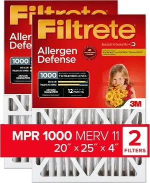 Filtrete NADP03-2PK-2 08189005996 MPR 1000 20 x 25 x 4 (4-3/8 Actual Depth) Micro Allergen Defense Deep Pleat HVAC Air Filter, Uncompromised Airflow, 2-Pack, 20x25x4, No Color, 2 Count