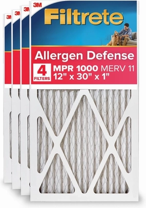 Filtrete 12x30x1 AC Furnace Air Filter, MERV 11, MPR 1000, Micro Allergen Defense, 3-Month Pleated 1-Inch Electrostatic Air Cleaning Filter, 4-Pack (Actual Size 11.81 x 29.81 x 0.81 in)