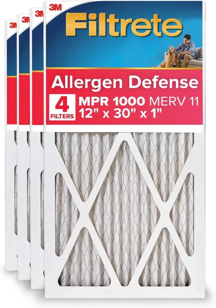 Filtrete 12x30x1 AC Furnace Air Filter, MERV 11, MPR 1000, Micro Allergen Defense, 3-Month Pleated 1-Inch Electrostatic Air Cleaning Filter, 4-Pack (Actual Size 11.81 x 29.81 x 0.81 in)