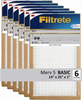 Filtrete 14x25x1 Air Filter, 3M MERV 5 HVAC AC Furnace Filter Replacement, 6-Pack (Actual Size 13.81x24.81x0.88 in)