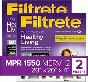 Filtrete 20x20x4, AC Furnace Air Filter, MPR 1550 DP, Healthy Living Ultra Allergen Deep Pleat, 2-Pack (Actual Dimensions 19.88 x 19.88 x 4.31)