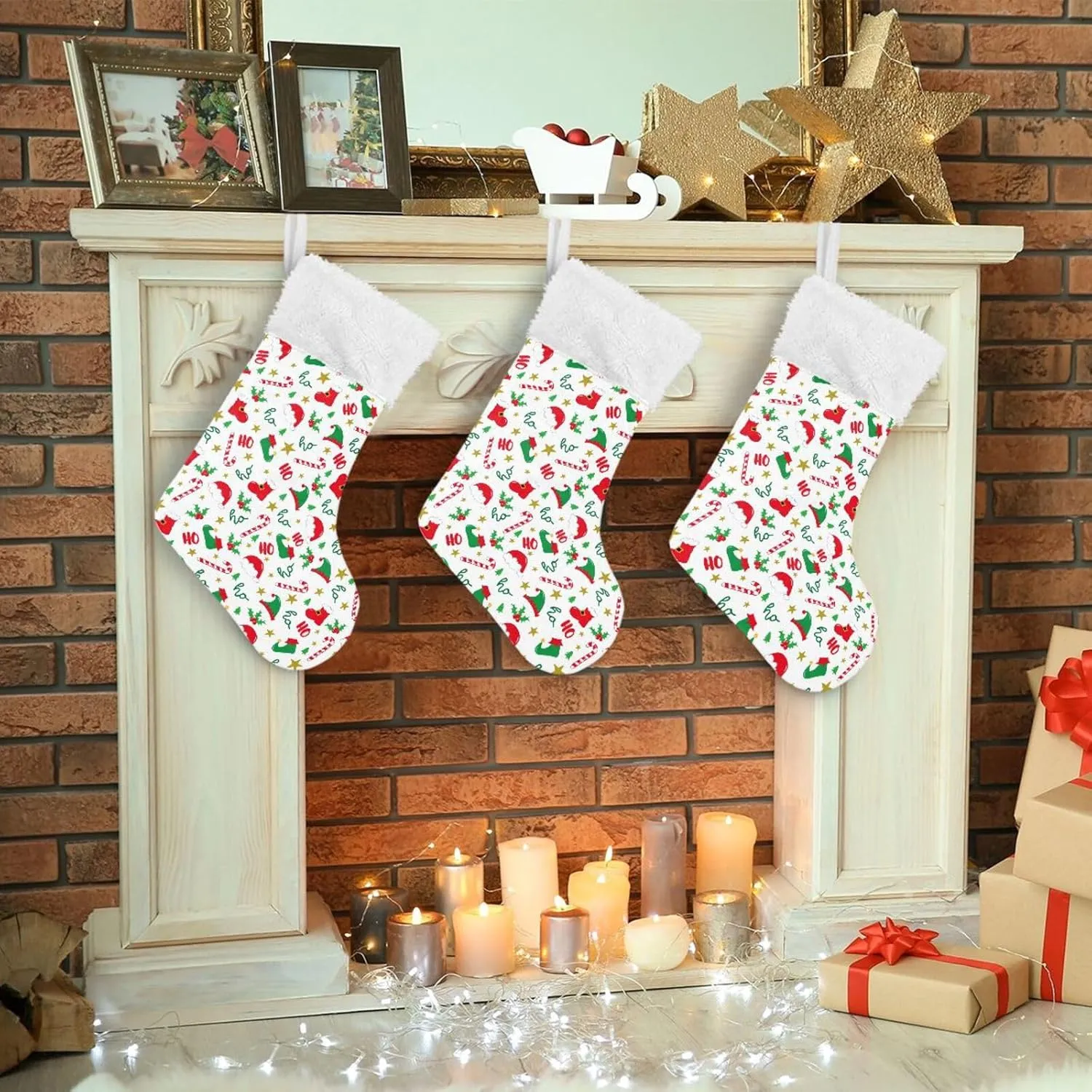Fireplace Hanging Stockings with Plush Cuff,Xmas Elf Hat Shoes Christmas Stockings Personalized Large Stocking Decoration for Family Party Holiday Season Farmhouse,1 Pack,17.7"
