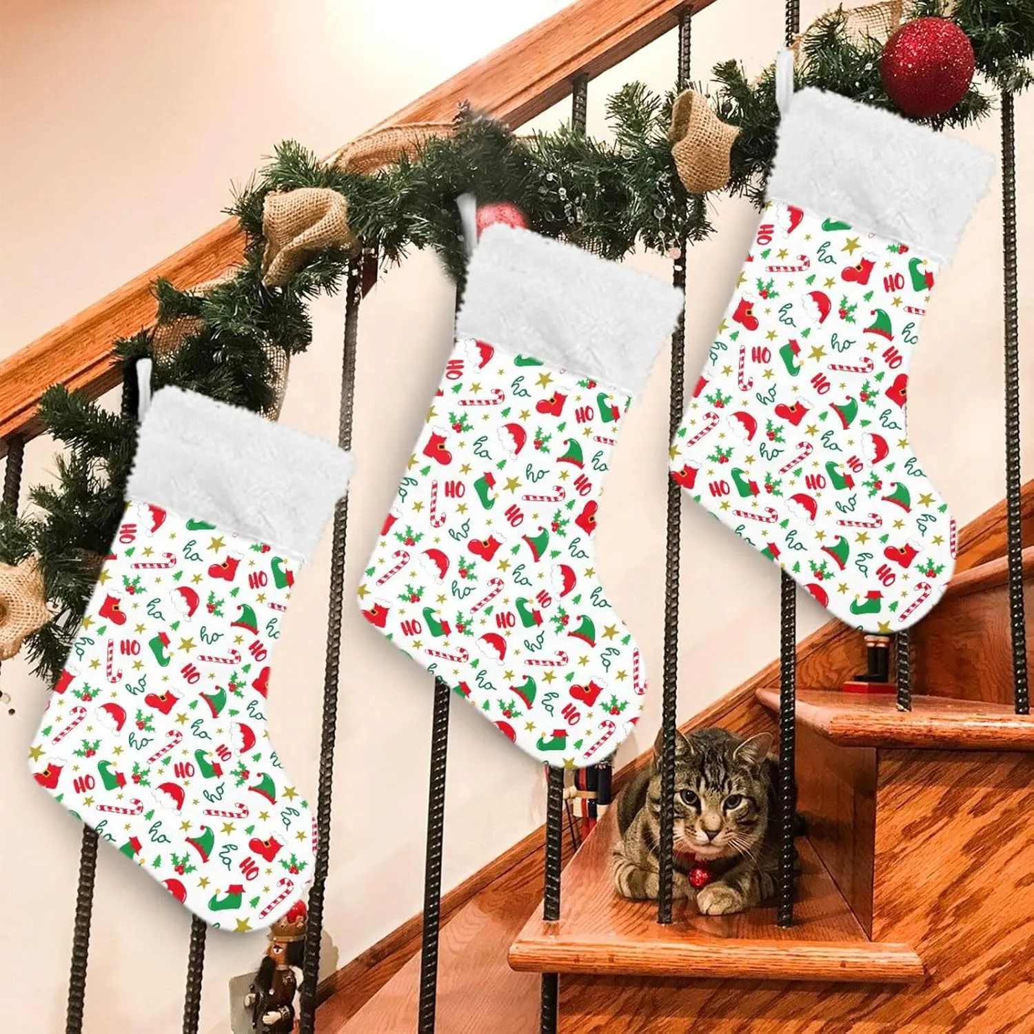 Fireplace Hanging Stockings with Plush Cuff,Xmas Elf Hat Shoes Christmas Stockings Personalized Large Stocking Decoration for Family Party Holiday Season Farmhouse,1 Pack,17.7"