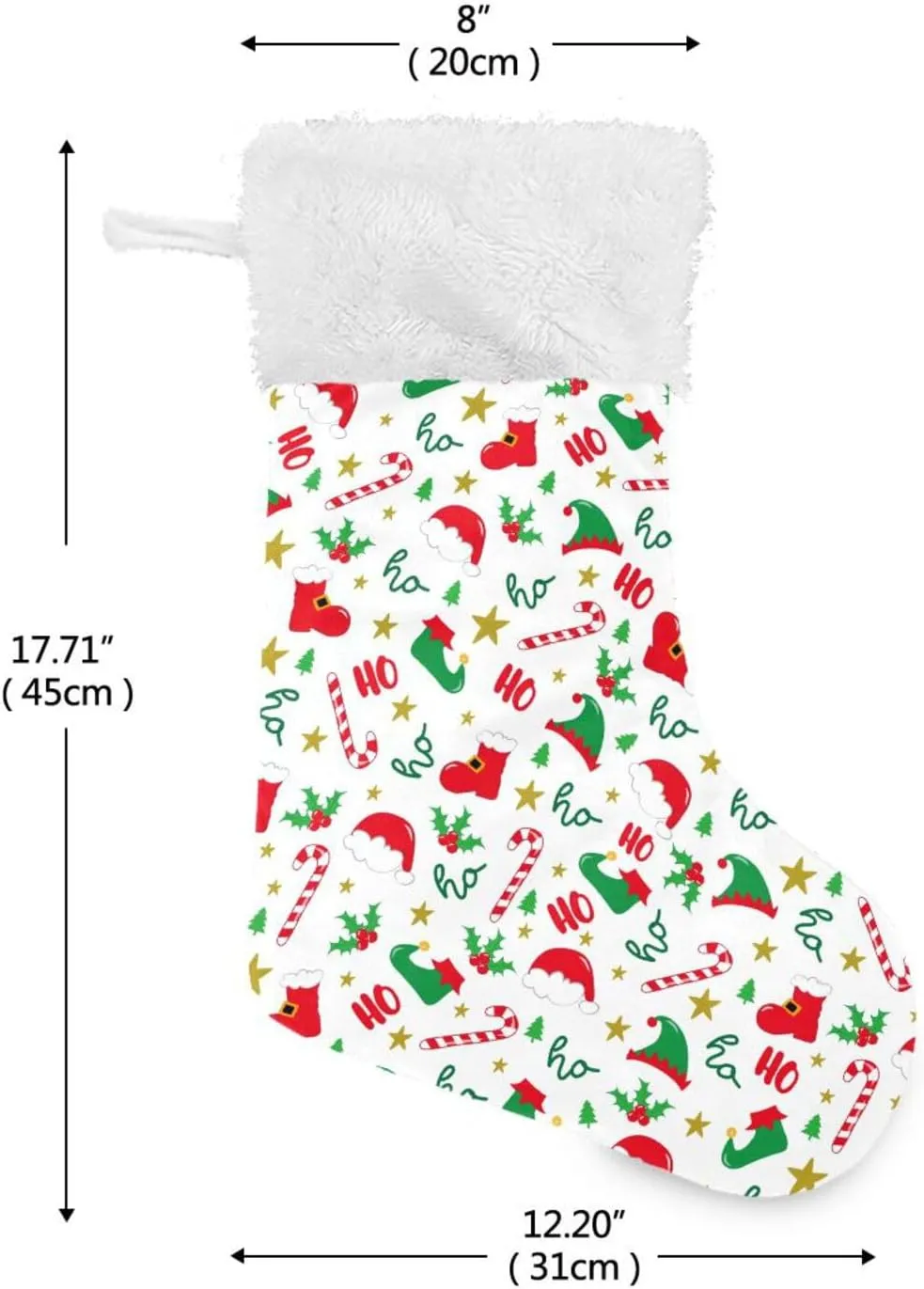 Fireplace Hanging Stockings with Plush Cuff,Xmas Elf Hat Shoes Christmas Stockings Personalized Large Stocking Decoration for Family Party Holiday Season Farmhouse,1 Pack,17.7"