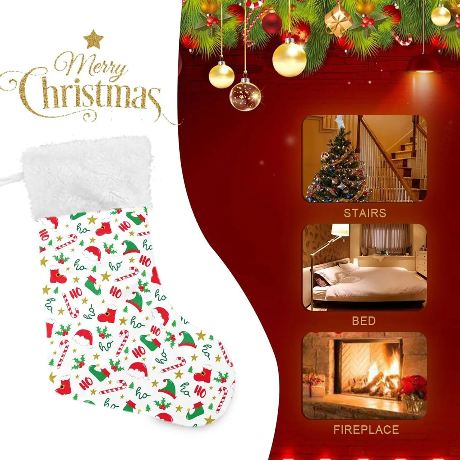 Fireplace Hanging Stockings with Plush Cuff,Xmas Elf Hat Shoes Christmas Stockings Personalized Large Stocking Decoration for Family Party Holiday Season Farmhouse,1 Pack,17.7"