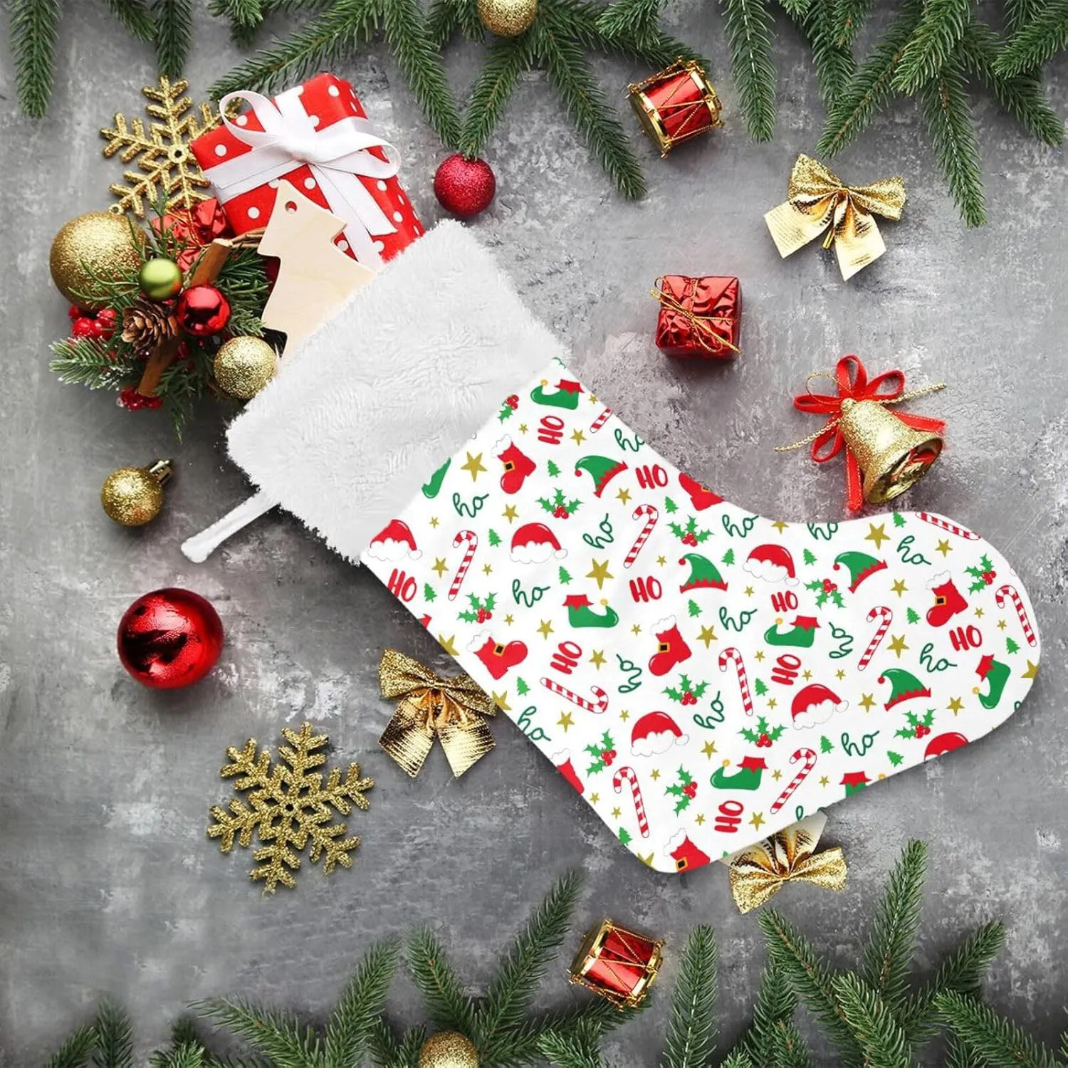 Fireplace Hanging Stockings with Plush Cuff,Xmas Elf Hat Shoes Christmas Stockings Personalized Large Stocking Decoration for Family Party Holiday Season Farmhouse,1 Pack,17.7"