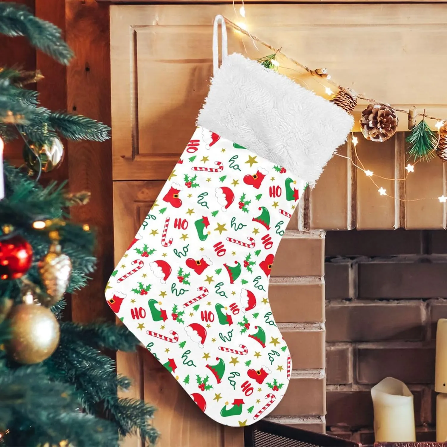 Fireplace Hanging Stockings with Plush Cuff,Xmas Elf Hat Shoes Christmas Stockings Personalized Large Stocking Decoration for Family Party Holiday Season Farmhouse,1 Pack,17.7"