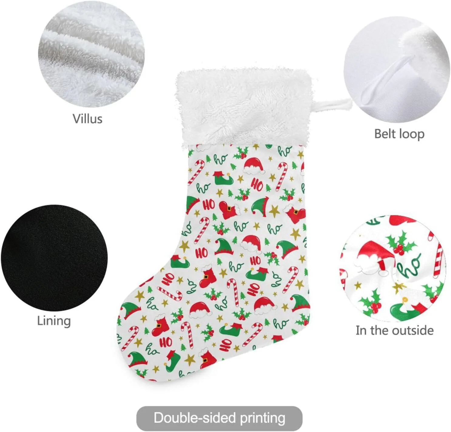 Fireplace Hanging Stockings with Plush Cuff,Xmas Elf Hat Shoes Christmas Stockings Personalized Large Stocking Decoration for Family Party Holiday Season Farmhouse,1 Pack,17.7"