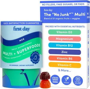 FIRST DAY Multivitamin for Men   Organic Fruit & Veggie Blend, Mens Multivitamins Gummies with 13 Key Nutrients for Energy, Focus, Immunity - Vitamins A, B1, B2, B6, B9, B12, C, D3, K - 30 Day Supply