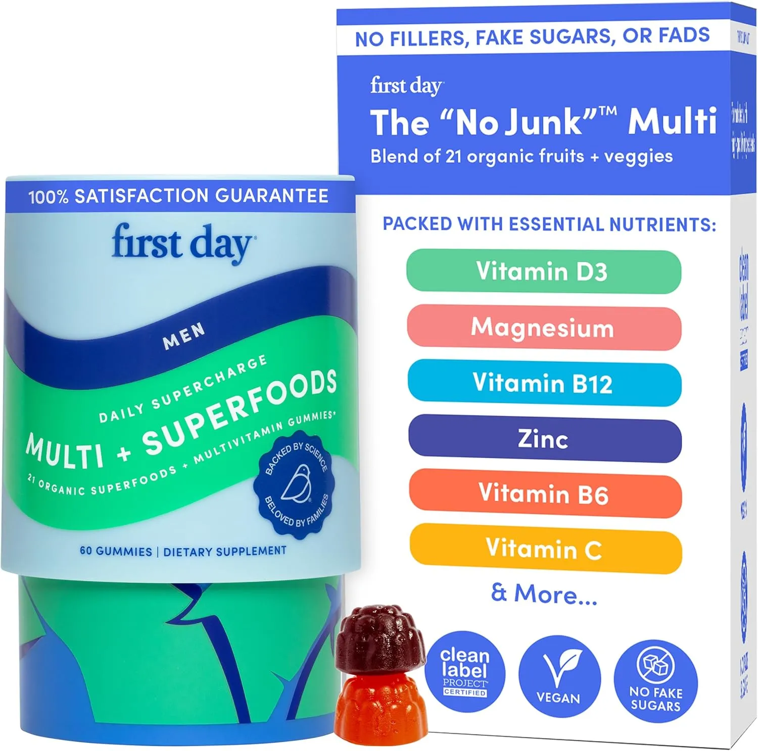 FIRST DAY Multivitamin for Men   Organic Fruit & Veggie Blend, Mens Multivitamins Gummies with 13 Key Nutrients for Energy, Focus, Immunity - Vitamins A, B1, B2, B6, B9, B12, C, D3, K - 30 Day Supply