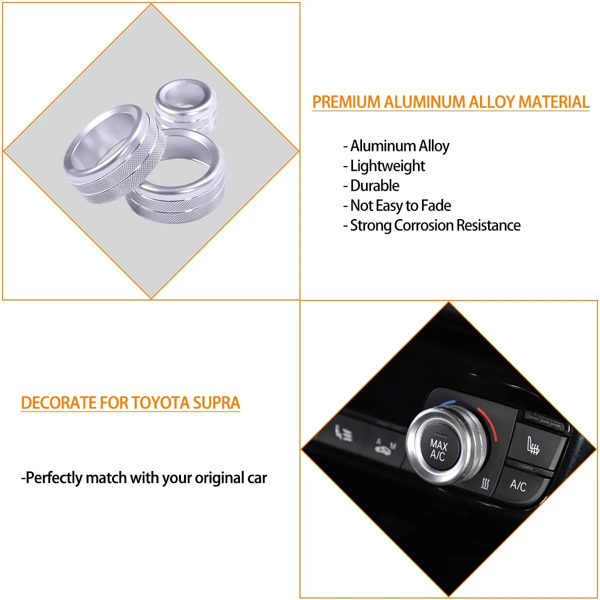 Fit for Toyota Supra GR A90 A91 MK5 2019-2024 Air Conditioner and Volume Knob Cover, Aluminum Alloy Air Conditioner Volume Tune Button Cover Trim, 3PCS (Silver)