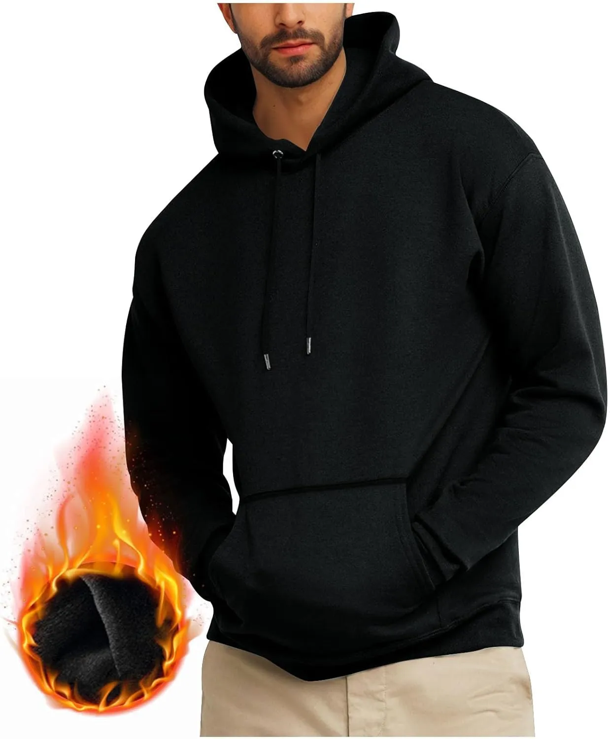 Fleece Hoodie for Men Fleece Lined Drawstring Long Sleeve Pullover Tops Basic Solid Hooded Sweatshirt With Pocket