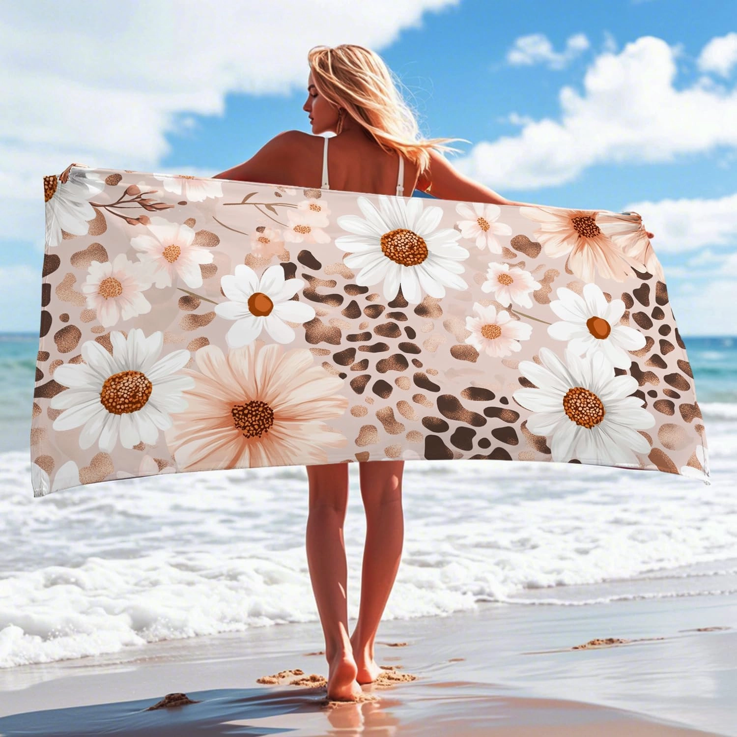 Floral Print Microfiber Beach Towel Large Peach Daisy Design Quick Dry Sand Free Absorbent Oversized Lightweight Travel Picnic Essentials 62x31 Inch