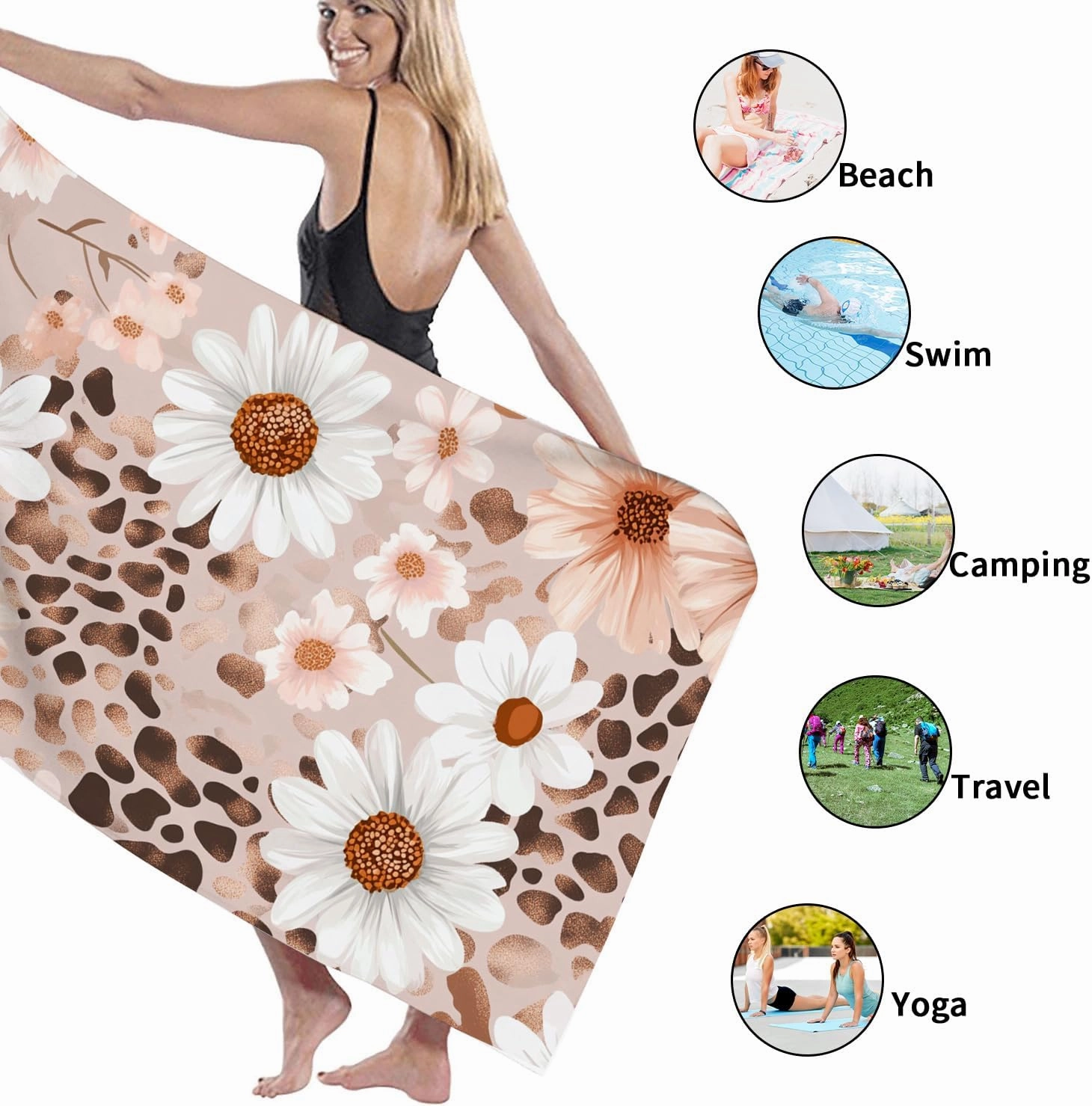 Floral Print Microfiber Beach Towel Large Peach Daisy Design Quick Dry Sand Free Absorbent Oversized Lightweight Travel Picnic Essentials 62x31 Inch