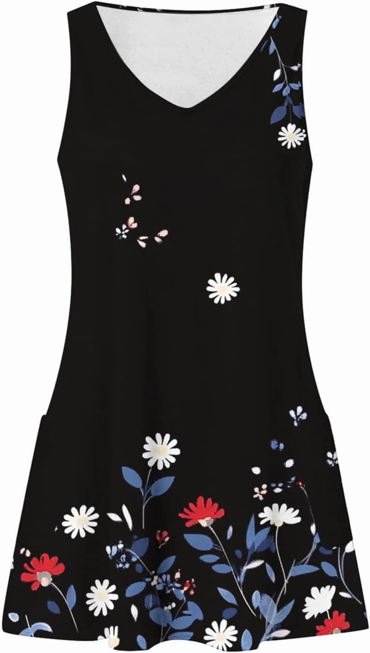 Flowy Dresses for Women Casual Sleeveless Boho Cute Sundress Crewneck Summer Beach Mini Tank Dress Vacation