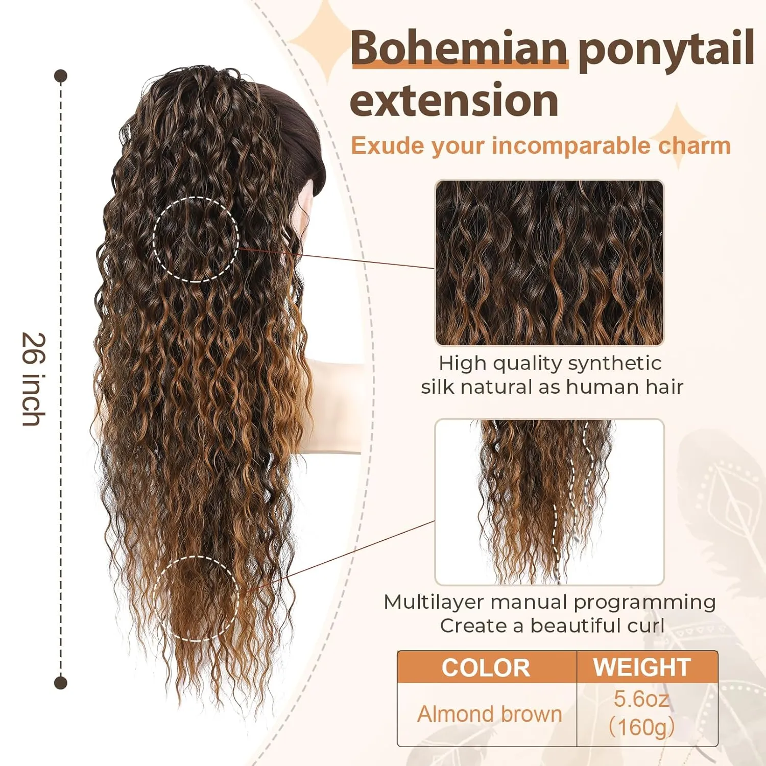 Flufymooz Ponytail Extension, 26 Inch Bohemian Style Drawstring Ponytail Hair Extensions for Women, Long Curly Wavy Ponytail Natural Synthetic Hairpiece for Women (26 Inch Almond brown)