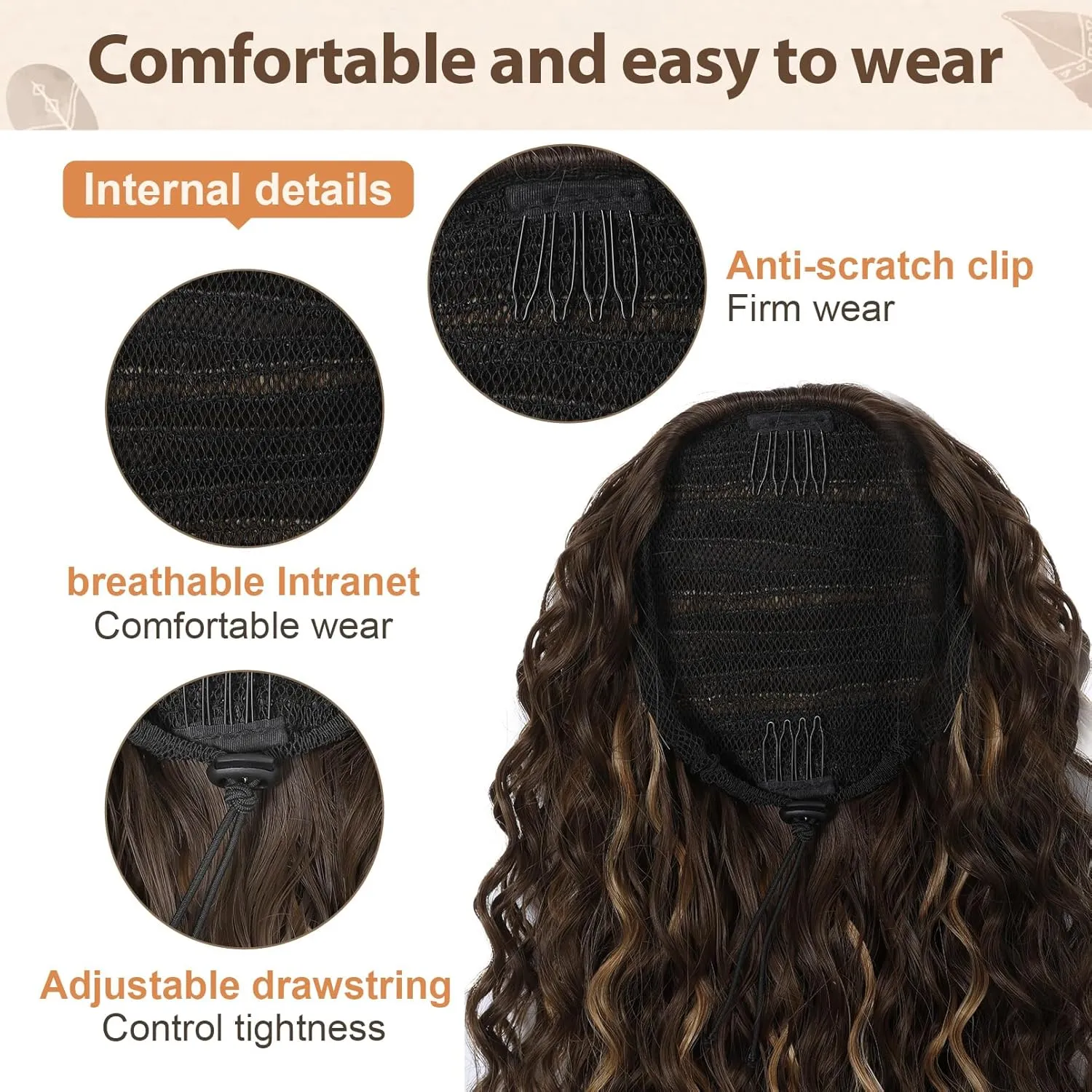 Flufymooz Ponytail Extension, 26 Inch Bohemian Style Drawstring Ponytail Hair Extensions for Women, Long Curly Wavy Ponytail Natural Synthetic Hairpiece for Women (26 Inch Almond brown)