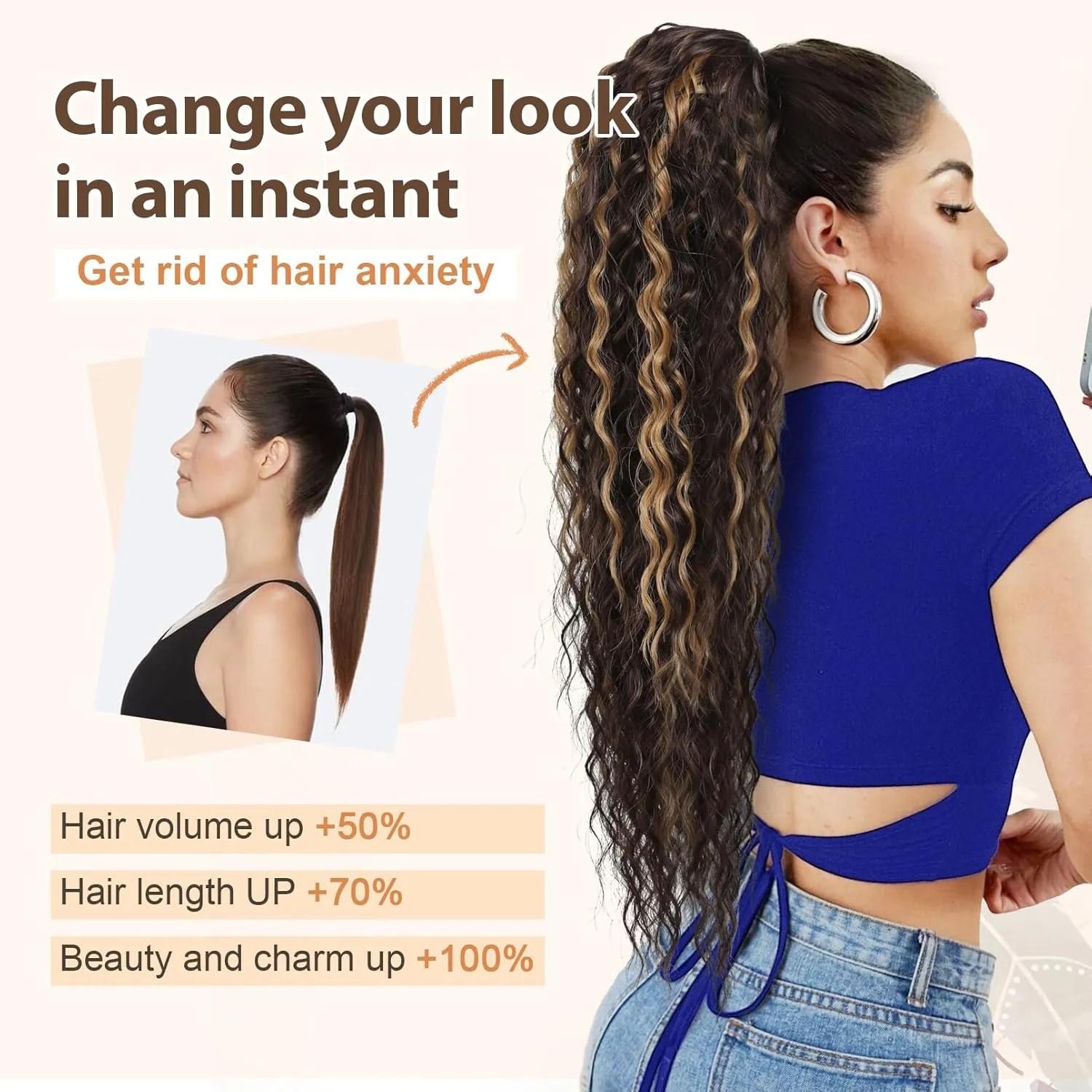 FLUFYMOOZ Ponytail Extension, 26 Inch Bohemian Style Drawstring Ponytail Hair Extensions for Women, Long Curly Wavy Ponytail Natural Synthetic Hairpiece for Women (26 Inch Chocolate Brown with Blonde Highlights)