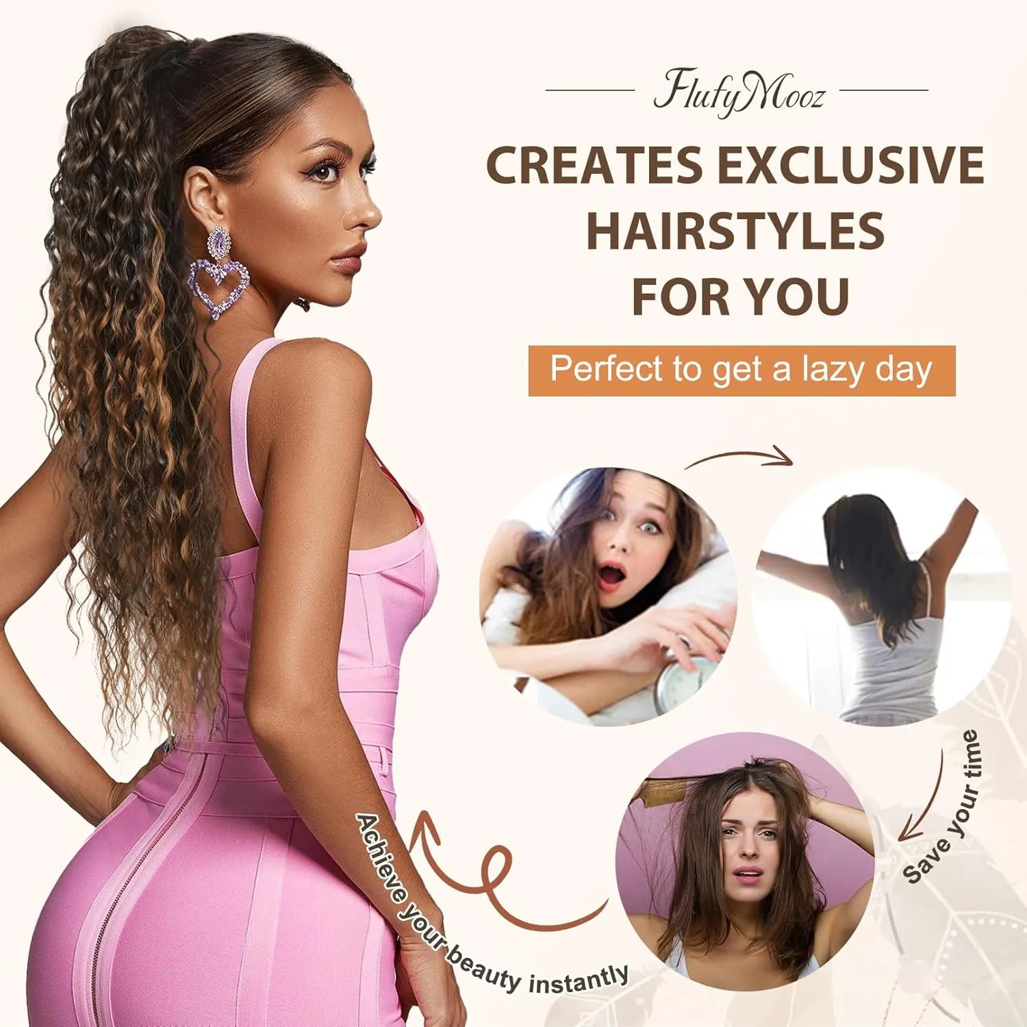 FLUFYMOOZ Ponytail Extension, 26 Inch Bohemian Style Drawstring Ponytail Hair Extensions for Women, Long Curly Wavy Ponytail Natural Synthetic Hairpiece for Women (26 Inch Chocolate Brown with Blonde Highlights)