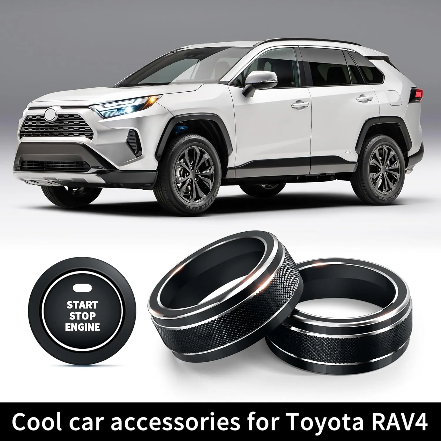 for Toyota RAV4 Accessories 2025 2024 2023 2022 2021 2020 2019 -Air Conditioning Knob Covers, Push Start Button Cover Trim Rings 4pcs (Black)