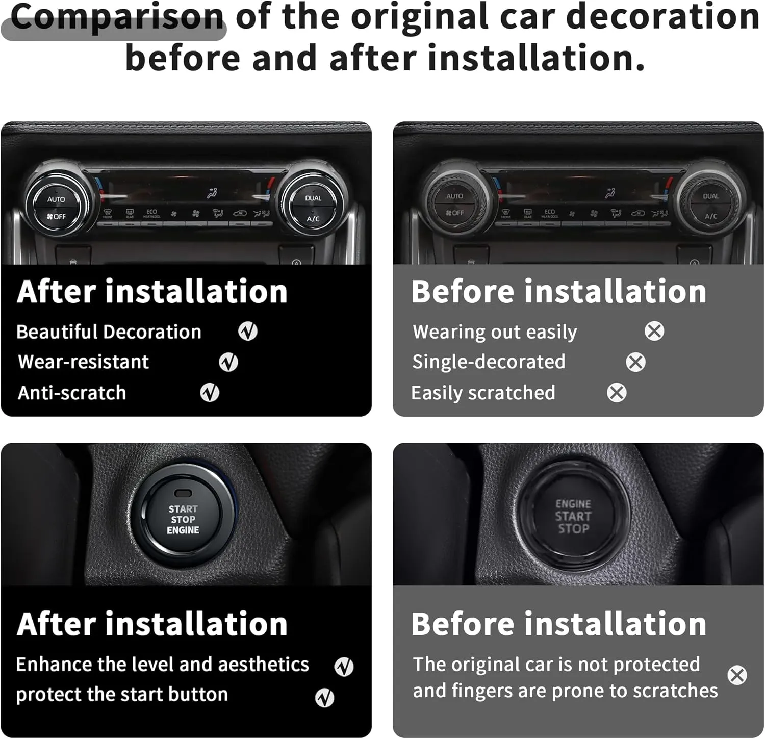 for Toyota RAV4 Accessories 2025 2024 2023 2022 2021 2020 2019 -Air Conditioning Knob Covers, Push Start Button Cover Trim Rings 4pcs (Black)