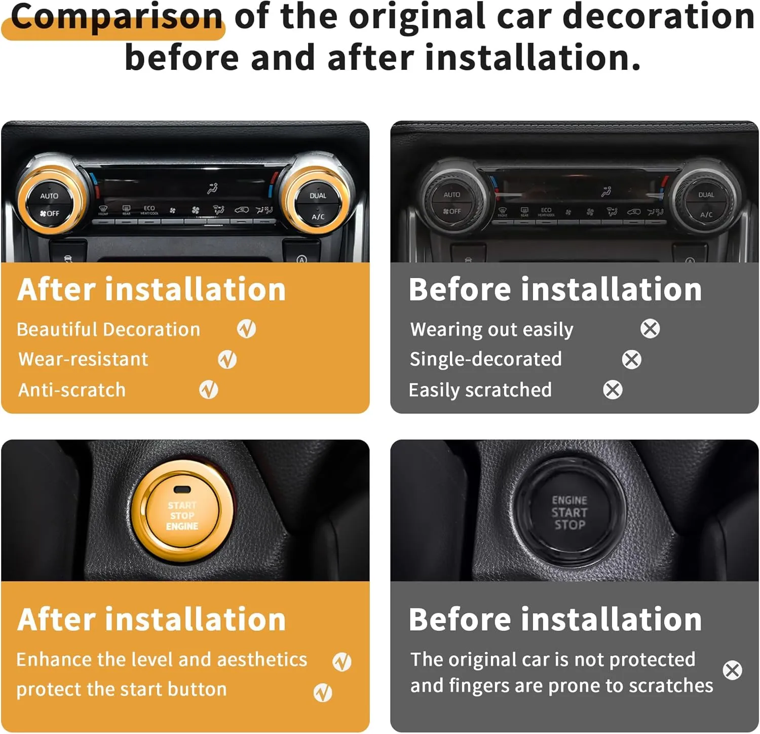 for Toyota RAV4 Accessories 2025 2024 2023 2022 2021 2020 2019 -Air Conditioning Knob Covers, Push Start Button Cover Trim Rings 4pcs (Glod)