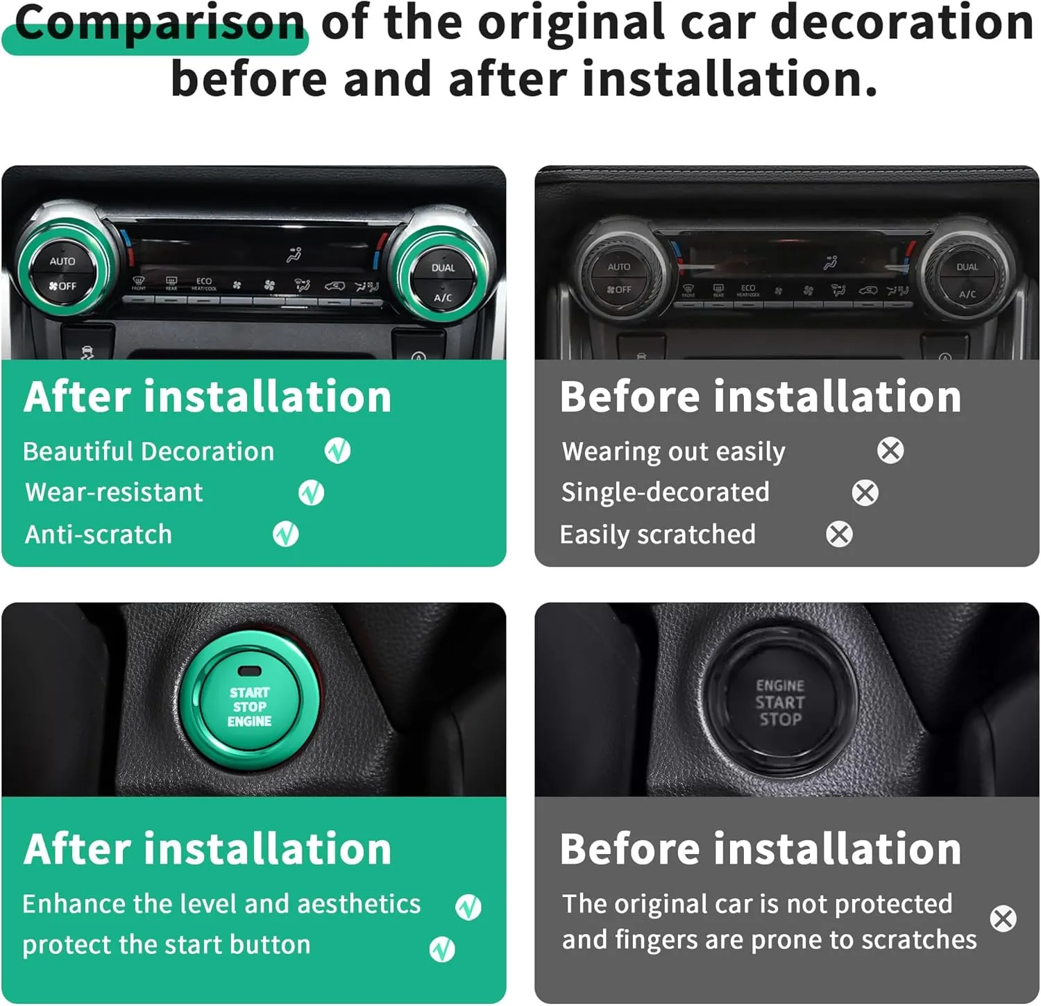 for Toyota RAV4 Accessories 2025 2024 2023 2022 2021 2020 2019 -Air Conditioning Knob Covers, Push Start Button Cover Trim Rings 4pcs (Green)