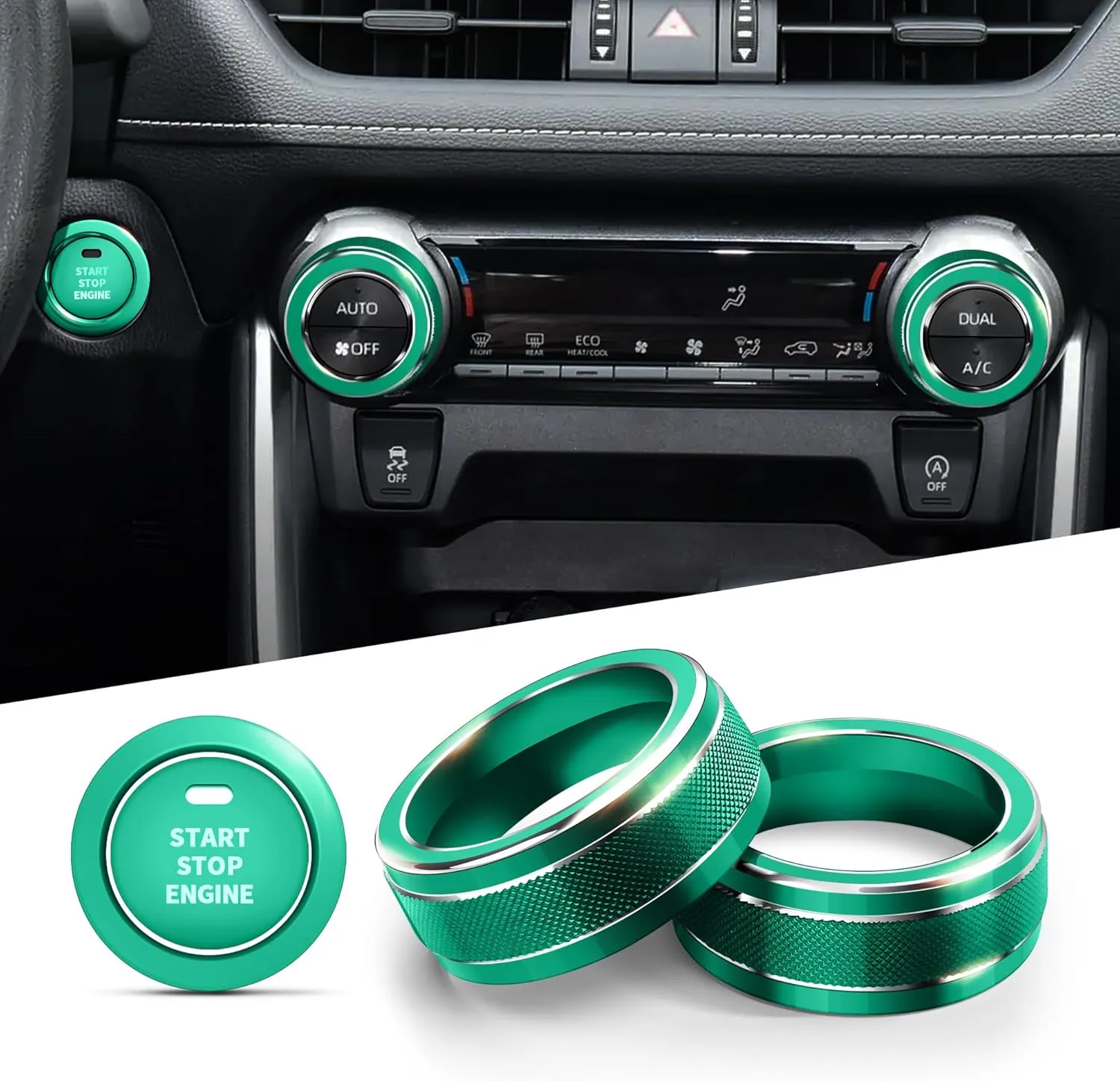 for Toyota RAV4 Accessories 2025 2024 2023 2022 2021 2020 2019 -Air Conditioning Knob Covers, Push Start Button Cover Trim Rings 4pcs (Green)