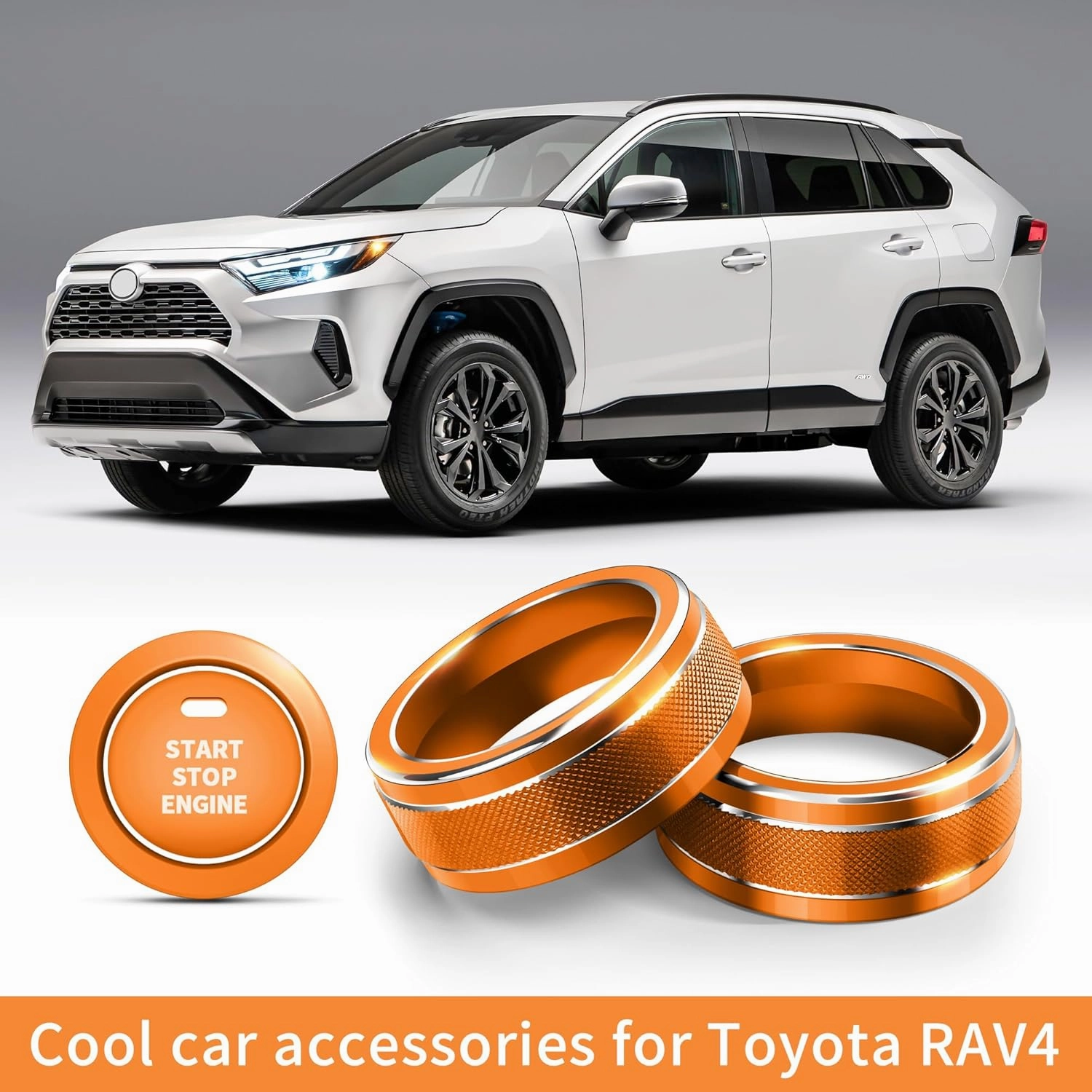 for Toyota RAV4 Accessories 2025 2024 2023 2022 2021 2020 2019 -Air Conditioning Knob Covers, Push Start Button Cover Trim Rings 4pcs (Orange)