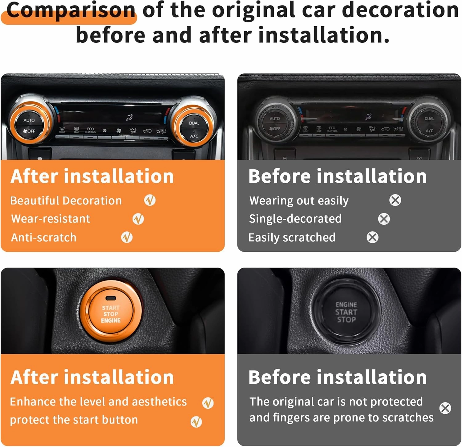 for Toyota RAV4 Accessories 2025 2024 2023 2022 2021 2020 2019 -Air Conditioning Knob Covers, Push Start Button Cover Trim Rings 4pcs (Orange)