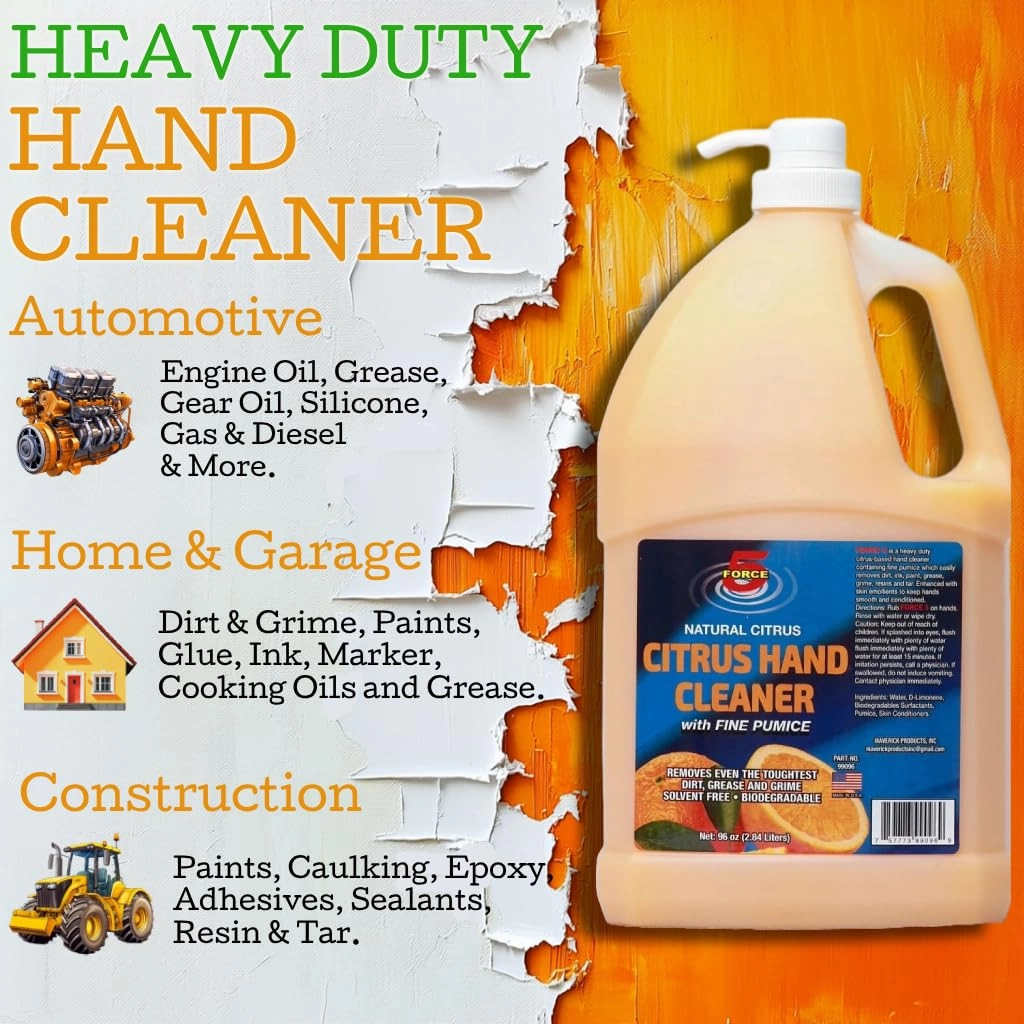 Force 5 - Citrus Hand Cleaner for Mechanics – Heavy-Duty Mechanic Soap with Natural Pumice & Citrus. Quickly Remove Removes Dirt, Grease and Grime – Natural Citrus Scent. (96oz).